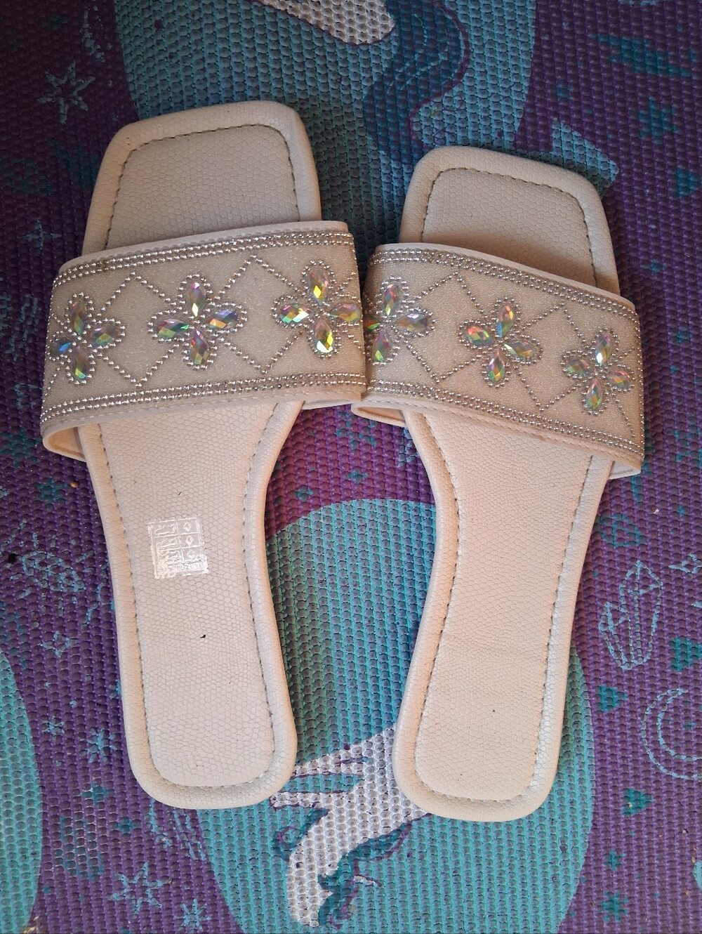 Embellished Beige Slide Sandals with Crystal Flowers - Picture 3 of 3